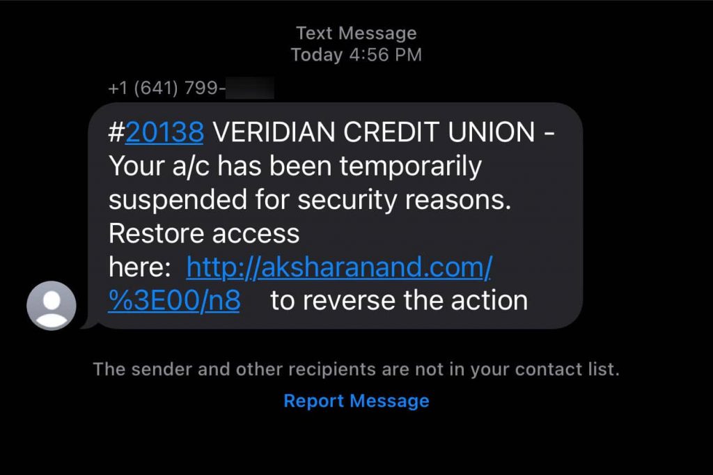 Beware of this Veridian Credit Union phishing scam text